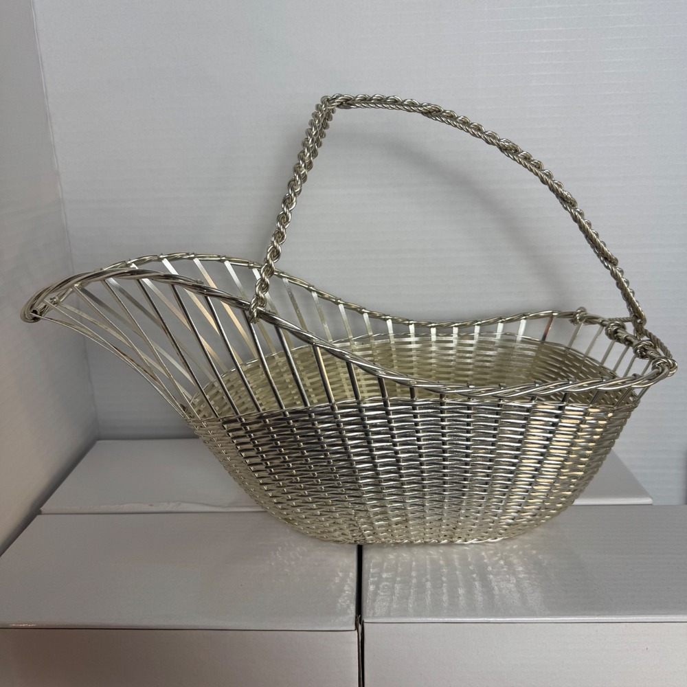 Vintage French Silver Plated Woven Wine Bottle Cradle Basket France 495